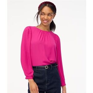 J.Crew Womens Hot Pink Pleated Balloon Sleeve Blouse Size L Round Neck Keyhole